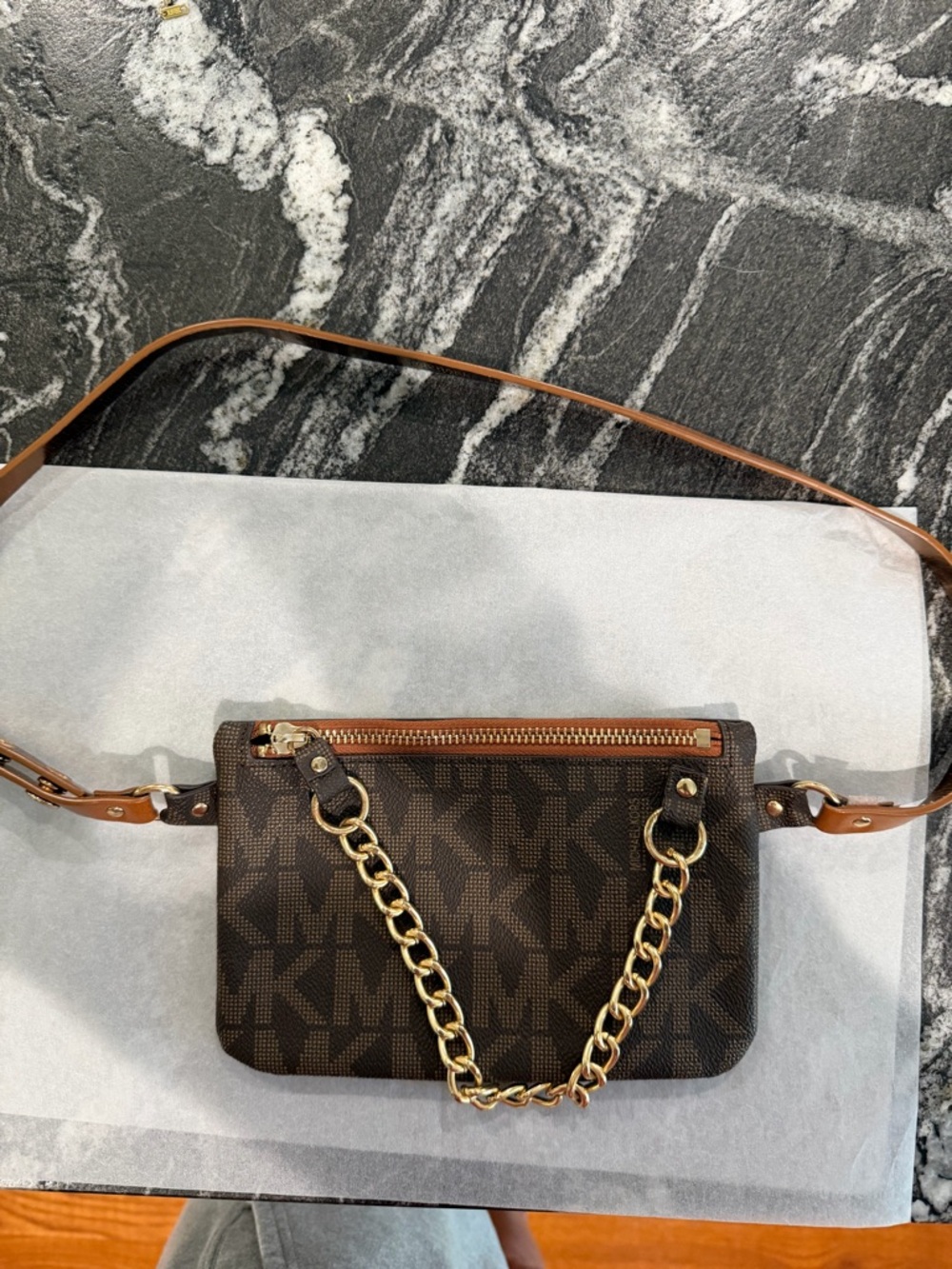 Michael Kors Brown MK Monogram Crossbody with Gold Chain Accent